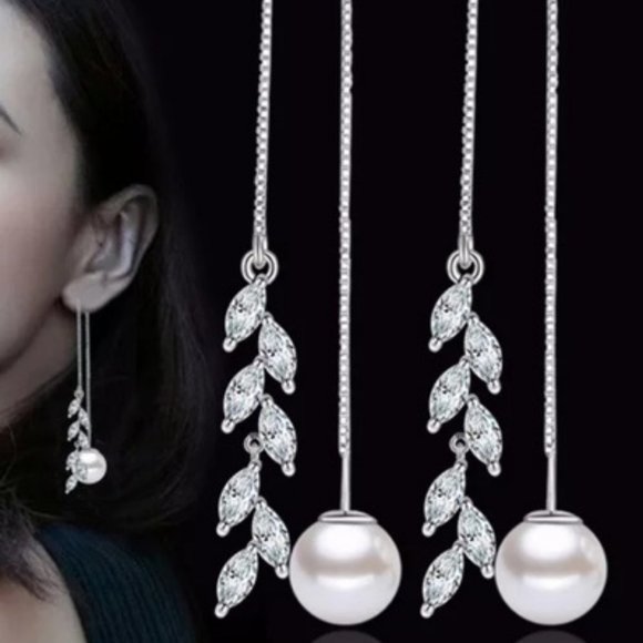 NEW Sterling Silver Pearl Diamond Leaf Earrings - Picture 4 of 7